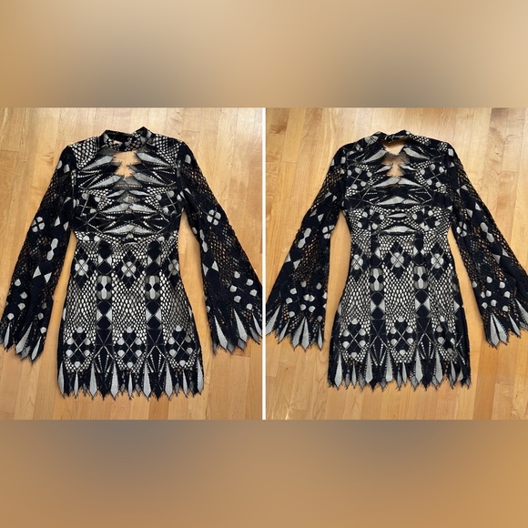 🐈‍⬛Deco Lace Mini Dress Black & Tan Patterned Lace—Free People/Urban Outfitters - Picture 17 of 17